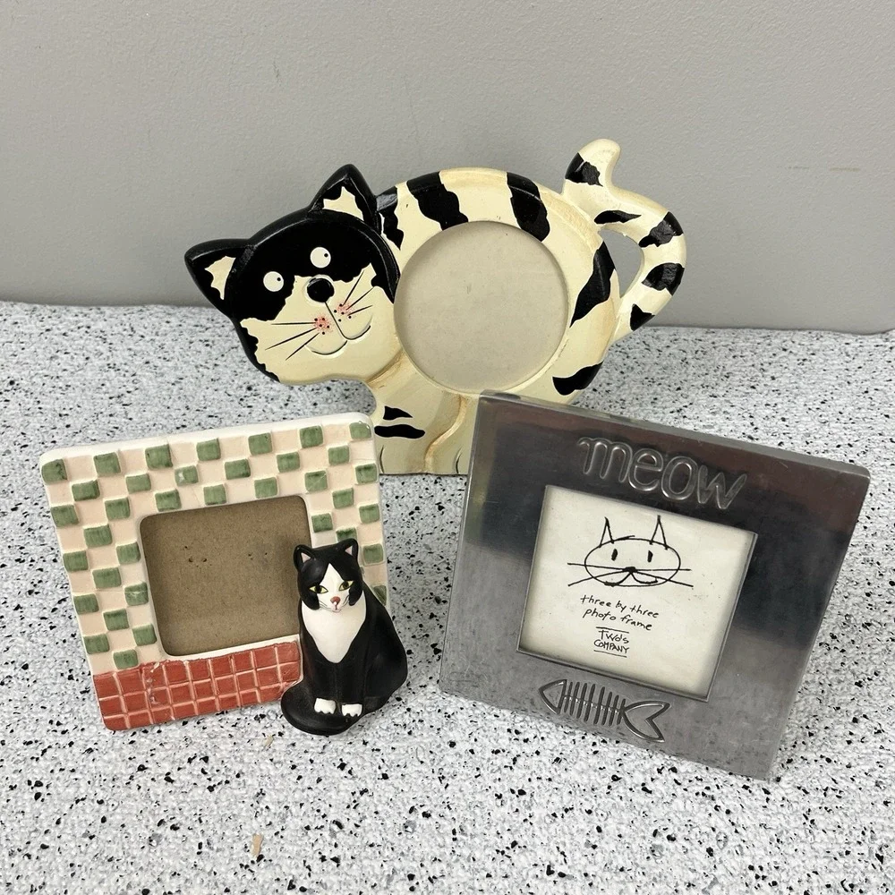 Lot of 3 Vintage Cat Miniature Photo Picture Frames Ceramic Wood‎ Metal